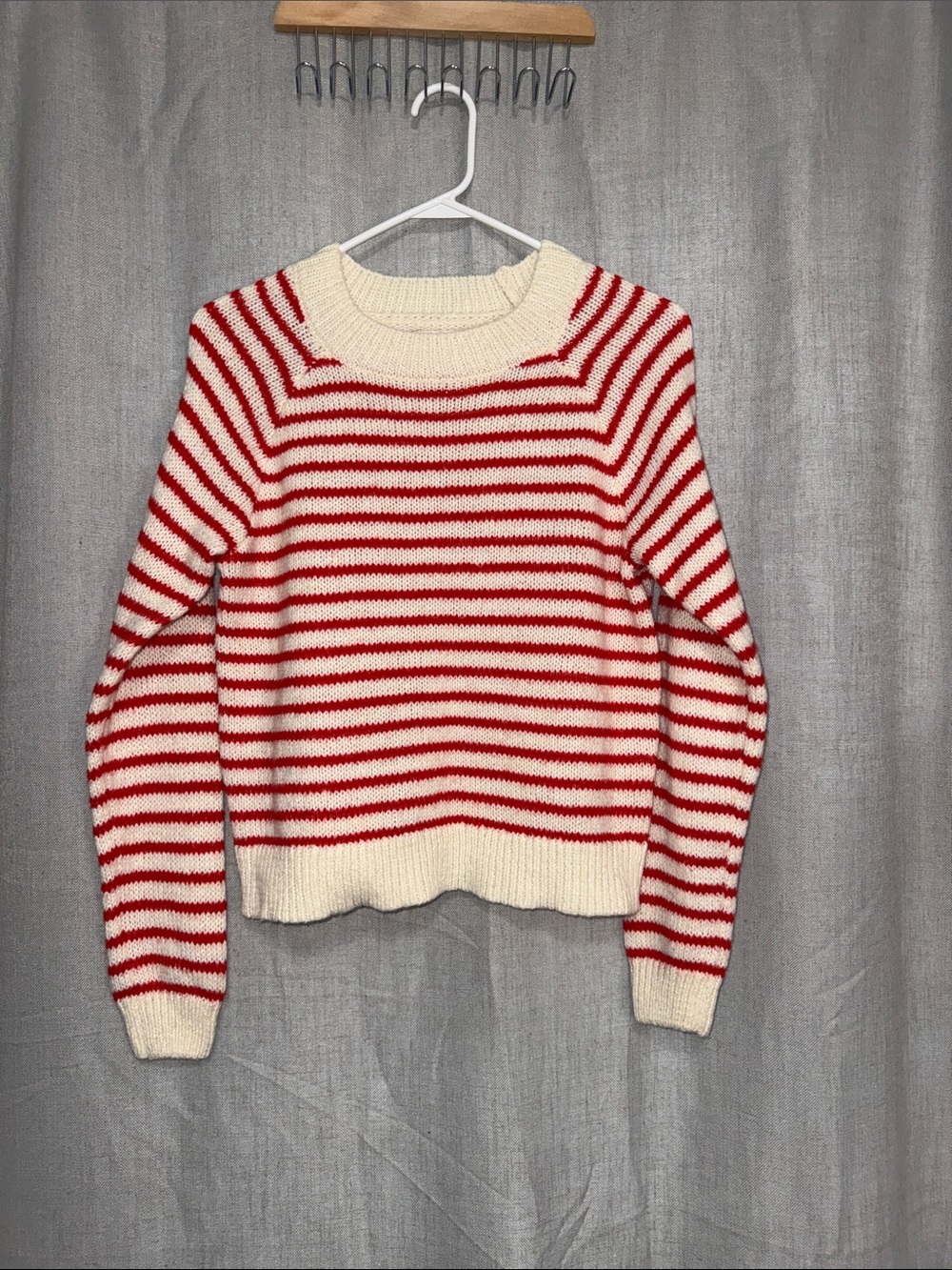 SO Raglan Cream and Red Striped Crewneck Sweater